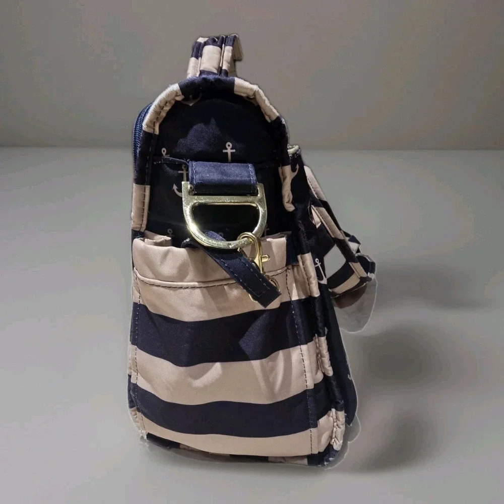 JuJuBe Commodore Tan Navy Size Large Nautical Anchor Stripes Diaper Bag Travel